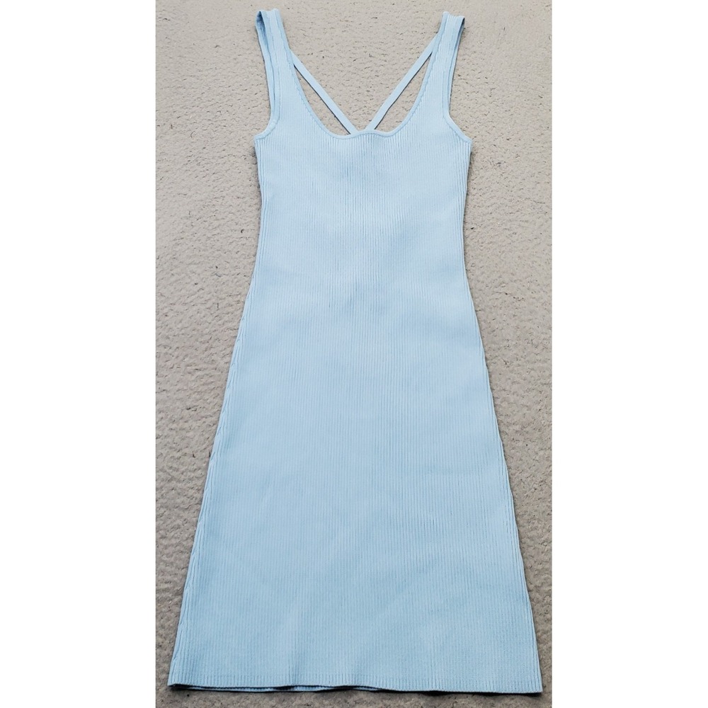 Zara Mini Dress Womens Small Blue Ribbed Knit Stretch Cut Out Back Cross Straps